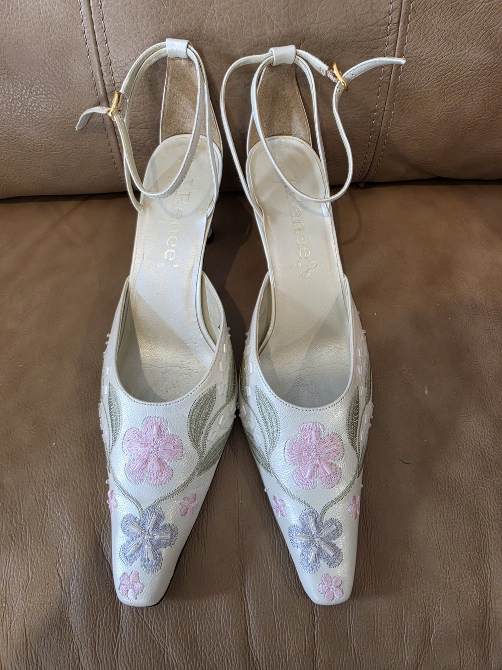 J. Renee Cream Embroidered Floral Ankle-Strap Heels